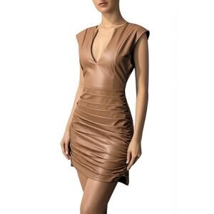 Micas Mini Dress Juniors Large Tan Bodycon Faux Leather Ruched Modern Edgy